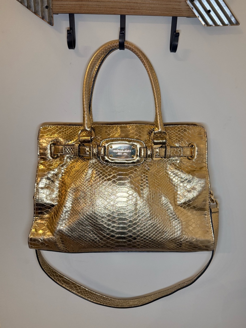 Michael Kors Hamilton Metallic Gold Python Embossed Leather Satchel